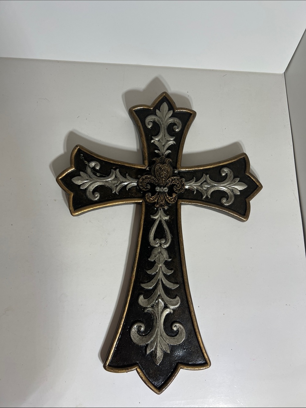 Black and Gold Ornate Fleur-de-Lis Wall Cross